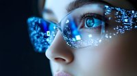 Young Caucasian woman wearing smart glasses with futuristic holographic display showing digital data and technology interface in blue neon glow.
