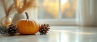 Orange pumpkin with pine cones and evergreen branches on white windowsill in soft morning sunlight, creating cozy autumn atmosphere for seasonal decor.
