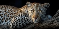 Majestic leopard resting on wooden branch against dark background, showcasing spotted coat pattern and intense golden eyes in natural wildlife portrait.