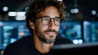 Professional man with curly hair and glasses working on laptop in modern office environment at night with city lights background.