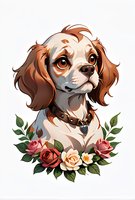 Adorable Cavalier King Charles Spaniel puppy portrait with floral decoration of roses and leaves on white background, isolated artwork for prints and designs.