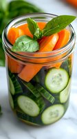 Fresh vegetables in pickling jar with carrot slices, cucumber rounds and basil leaves. Close-up view shows brine solution and crisp produce for homemade preserves.