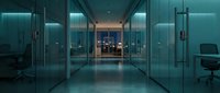 Modern corporate office hallway with glass walls and contemporary lighting creating professional business environment for workplace concepts.