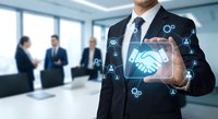 Professional businessman displaying digital handshake hologram with network icons in modern office environment representing partnership and collaboration.