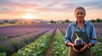 Senior male farmer holding eggplant in lavender field at sunset. Agricultural professional displaying fresh produce harvest in rural countryside landscape.