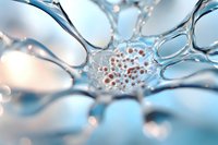 Microscopic view of cellular structure with liquid bubbles and organic particles in soft blue tones, showing scientific research and biological processes.