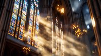 Dramatic sunbeams stream through colorful stained glass windows in gothic cathedral interior, creating ethereal light rays amid ornate architecture and hanging chandeliers.