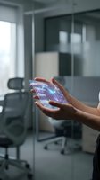 Hands holding futuristic holographic smartphone with glowing interface in modern office environment showcasing advanced technology and digital innovation.