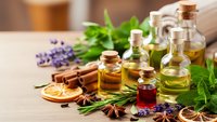 Essential oils in glass bottles with fresh herbs, spices and citrus on wooden surface for aromatherapy, natural wellness and spa treatments.