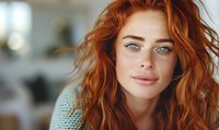 Young Caucasian woman with natural red wavy hair and bright blue eyes smiling gently at camera, wearing casual knit sweater against soft blurred background.
