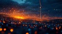 Wind turbine silhouette against dramatic sunset sky with glowing orange bokeh lights creating magical atmosphere. Clean energy concept for sustainable future.