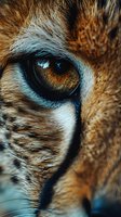 Extreme close-up macro shot of wild cheetah eye showing detailed amber iris, fur texture and fierce predator gaze in natural lighting conditions.