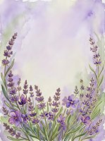 Watercolor lavender flowers frame with purple blooms and green stems on soft textured background for wedding invitations and romantic designs.