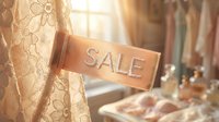 Elegant sale sign on delicate lace fabric in a sunlit boutique with perfume bottles and pastel clothing in the background.