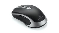 Black and silver wireless computer mouse with ergonomic design, isolated on white background, ready for web and print use.