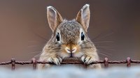 Curious eastern cottontail rabbit peeks over rustic barbed wire fence against soft brown background, close-up portrait showing detailed fur texture and expressive eyes.