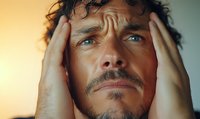 Close up portrait of stressed Caucasian man with curly dark hair and beard holding head in hands against warm sunset light, expressing worry and anxiety.