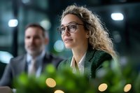 Young professional woman with glasses and curly blonde hair smiling during business meeting, with bokeh lights and coworker in background. Corporate workplace setting.