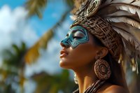 Young woman wearing tribal face paint, feathered headdress and ornate earrings poses against tropical background with palm trees and blue sky in artistic portrait.
