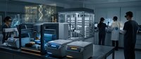 Modern laboratory interior with advanced scientific equipment and diverse research team conducting experiments in sterile environment for biotechnology studies.