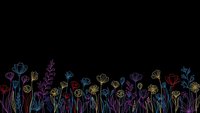 Colorful line art wildflowers and plants border on black background for greeting cards, invitations and decorative design projects.