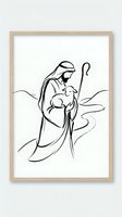 Minimalist line art of shepherd holding lamb with staff, religious nativity scene artwork for Christmas decor and spiritual wall art prints.