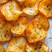 Crispy homemade potato chips seasoned with herbs and spices on white background. Close up view of golden brown fried slices with parsley garnish.
