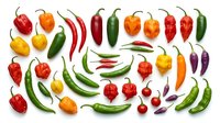 Colorful assortment of fresh chili peppers in various shapes and sizes isolated on white background for culinary and cooking designs.