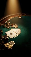 Poker table with playing cards, stacked chips, and whiskey glass under dramatic golden lighting for gaming and entertainment concepts.