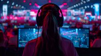 Professional female gamer in headphones at esports tournament with neon lighting and bokeh effects. Back view of competitive gaming setup perfect for cybersport themes.