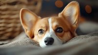 Adorable Welsh Corgi puppy with expressive eyes resting on gray textile, close-up portrait showing distinctive facial features and alert ears against blurred background.