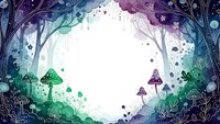 Enchanted forest clearing with colorful mushrooms and magical trees creating natural frame for fairy tale fantasy backgrounds.