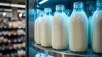 Fresh milk bottles lined up on refrigerated grocery store shelf displaying dairy products for healthy nutrition and calcium-rich beverage consumption.