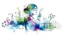 Female scientist profile with colorful watercolor elements, molecular structures, chemical formulas and laboratory equipment on white background.