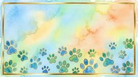 Watercolor paw prints in blue, green, and gold tones on soft gradient background, isolated on white with gold border frame, suitable for pet-related designs.