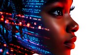 Young African American woman profile with futuristic digital data streams and neon lighting effects for technology and artificial intelligence concepts.