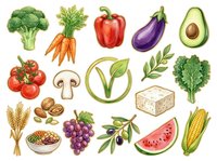 Assorted fresh vegetables and fruits including broccoli, carrots, bell pepper, eggplant, avocado, tomatoes, mushroom, leafy greens, cheese, wheat, nuts, grapes, olives, watermelon and corn isolated on white background for healthy eating and nutrition design projects.