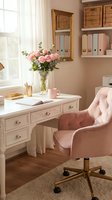 Elegant home office workspace with pink upholstered chair, cream desk, fresh roses in glass vase, and natural light from window for interior design and decor inspiration.