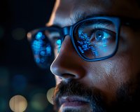 Bearded man in glasses with digital code reflection, blue technology glow on spectacles lens. Close up profile view in dark environment with bokeh lights.
