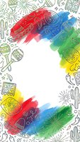 Colorful watercolor frame with Mexican cultural symbols, maracas, sombreros and cactus doodles on white background for Cinco de Mayo celebration designs.