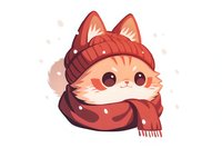 Adorable orange fox character wearing winter knit hat and scarf, illustrated in kawaii anime style with big expressive eyes and soft blush details on white background.