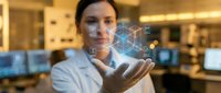 Woman in business casual attire holding digital network hologram with connected nodes and data visualization in modern office environment for technology and innovation concepts.