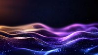 Magical cosmic waves with purple and blue glowing particles flowing on dark background, abstract space design with shimmering light effects and stars.