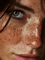 Close-up portrait of young woman with freckles and green eyes showing natural beauty and authentic skin texture for skincare and cosmetic concepts.