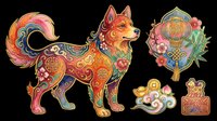 Colorful Chinese zodiac dog with decorative elements, isolated on transparent background, ready for T-shirts, stickers, sublimation, and print on demand clipart design use.