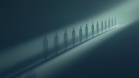 Mysterious silhouettes of people standing in line fade into misty darkness, creating atmospheric mood with dramatic lighting and long shadows.
