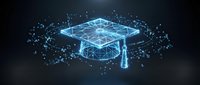 Glowing digital graduation cap made of connected lines and particles on dark background, representing online education, e-learning, and academic achievement.