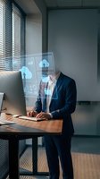 Businessman using laptop with holographic cloud computing interface in modern office environment for digital transformation and data management.