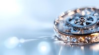 Vintage pocket watch mechanism with gears and jewels in soft blue tones, macro photography showing intricate mechanical details and bokeh light effects.