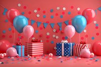 Festive party scene with red, white and blue gift boxes, balloons and bunting on coral background. Perfect for Independence Day, patriotic holidays or celebrations.